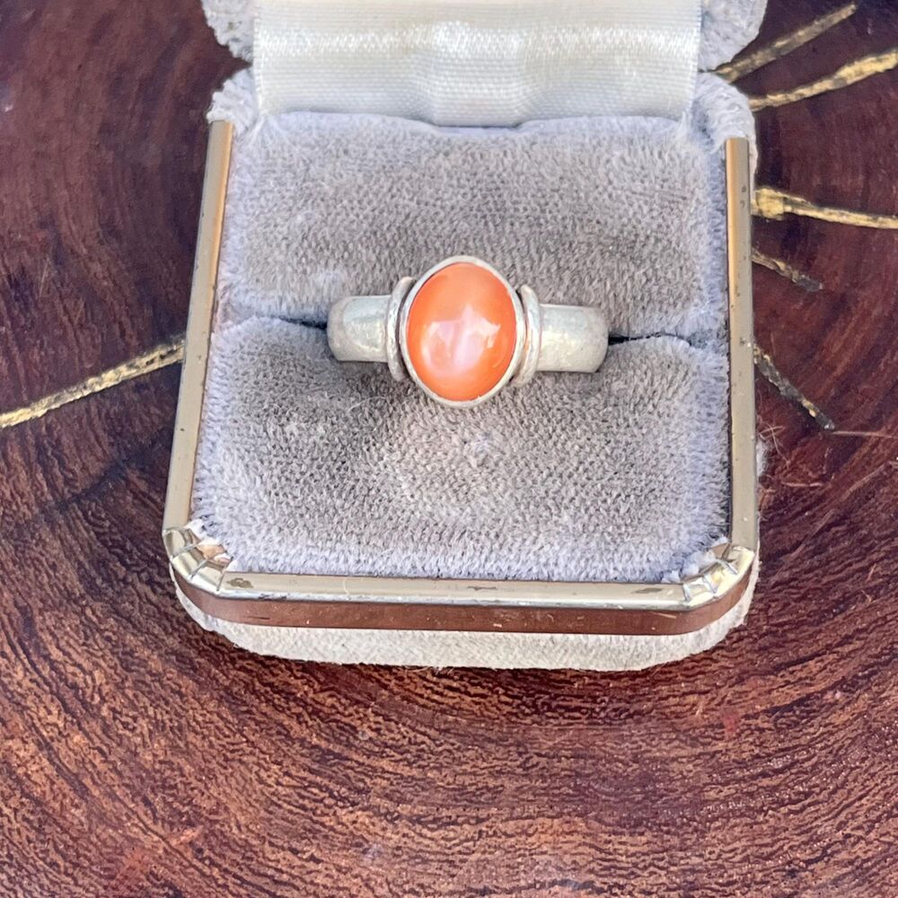 Vintage Bohemian Orange Ring Size 8 1/2 glass 925 sterling silver modernist